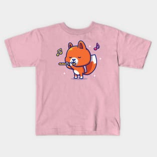 Cute Fox Playing Flute Music Kids T-Shirt